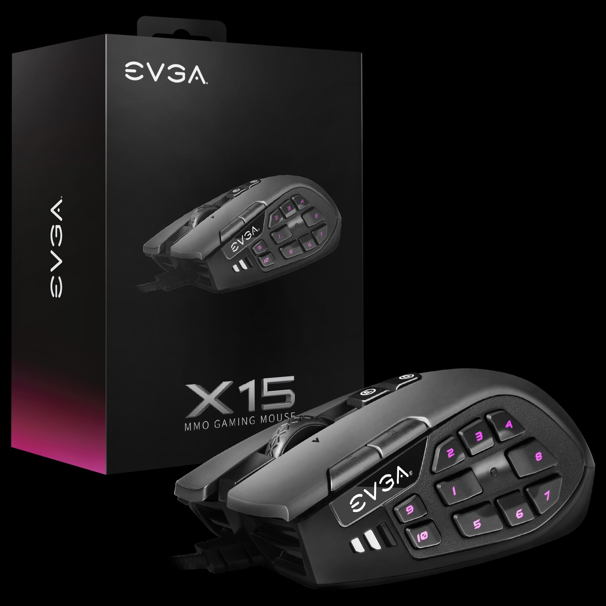 EVGA Ratón para Juegos X15 MMO, 8K, con Cable, Negro, Personalizable, 16.000 dpi, 5 perfiles, 20 Botones, ergonómico 904-W1-15BK-KR