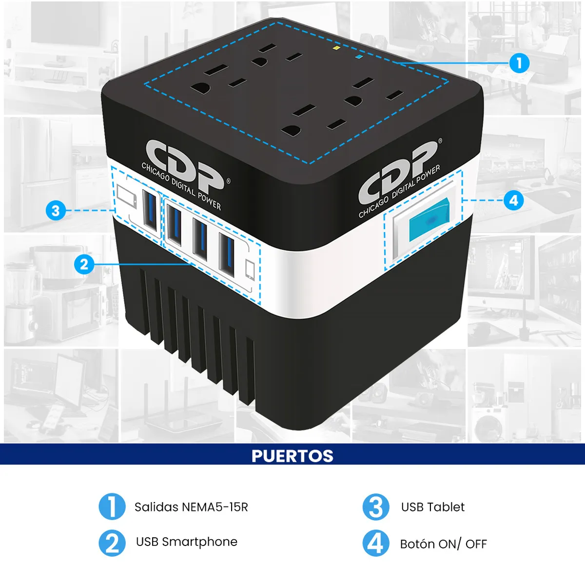 CDP RU-AVR604 Regulador 600VA / 300W, 4 Contactos, 4 Puertos USB, Supresión de Picos, Color Negro