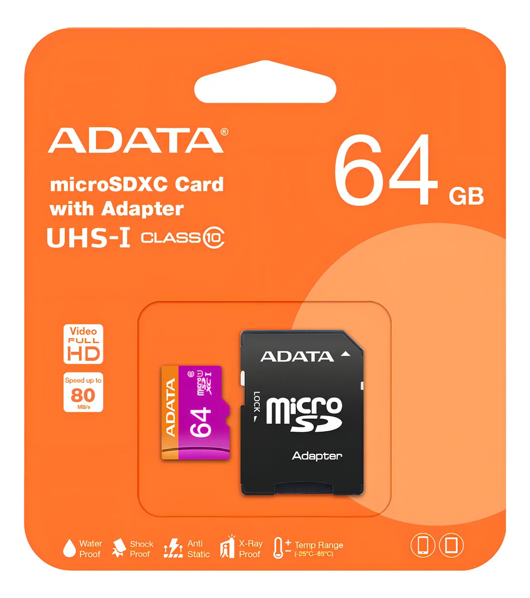Tarjeta de Memoria Micro ADATA 64 GB con Adaptador UHS-I (Clase 10) grabación de vídeo Full HD 1080p