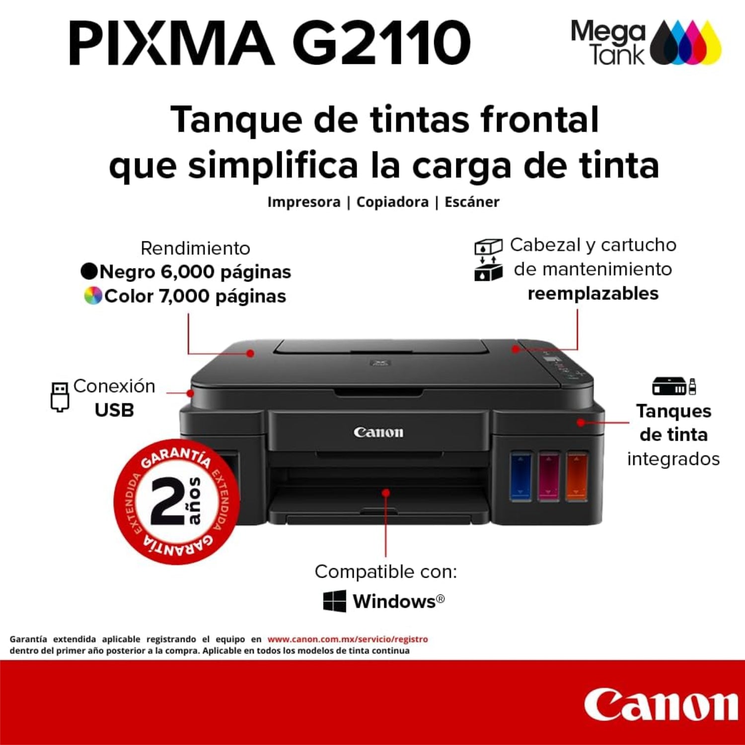 Impresora Canon Multifuncional Copia, Imprime, Escanea, PIXMA G2110. Usa tinta Continua