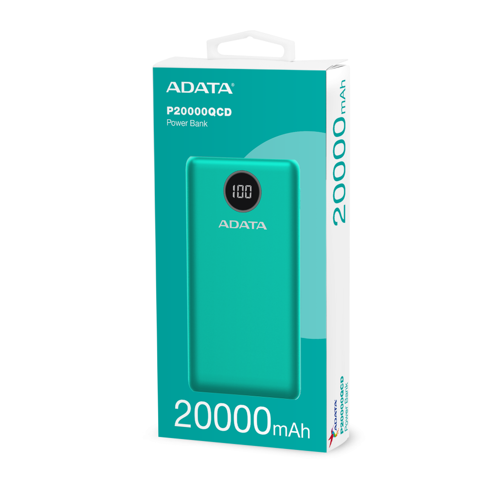 PowerBank ADATA, 20,000 mAh. Compatible con Qualcomm QC 3.0 con Pantalla Digital, Color Verde