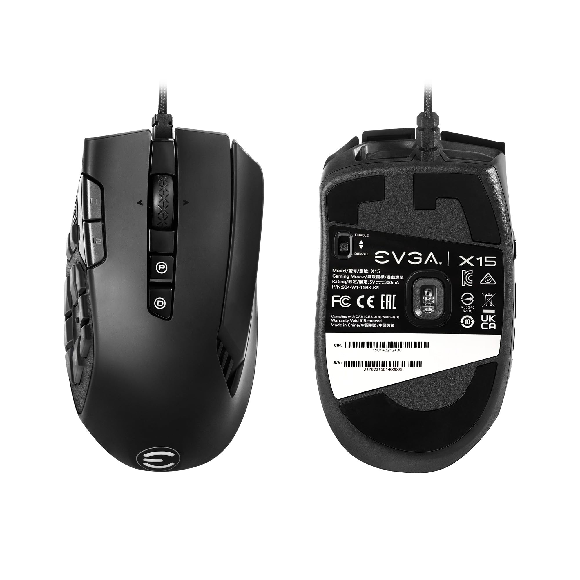 EVGA Ratón para Juegos X15 MMO, 8K, con Cable, Negro, Personalizable, 16.000 dpi, 5 perfiles, 20 Botones, ergonómico 904-W1-15BK-KR