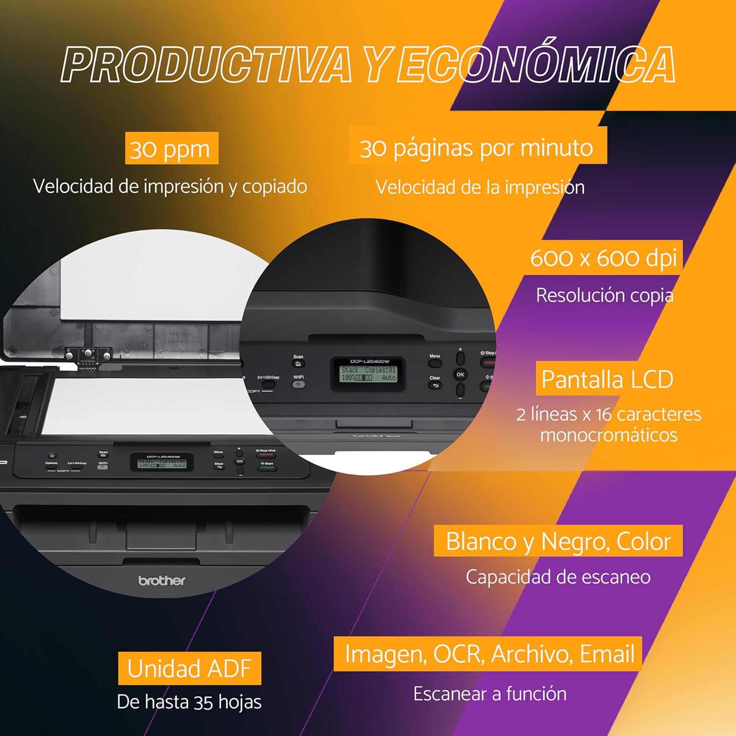 Brother Multifuncional Láser 3 en 1 Impresión, Copiado y Escaneado Duplex