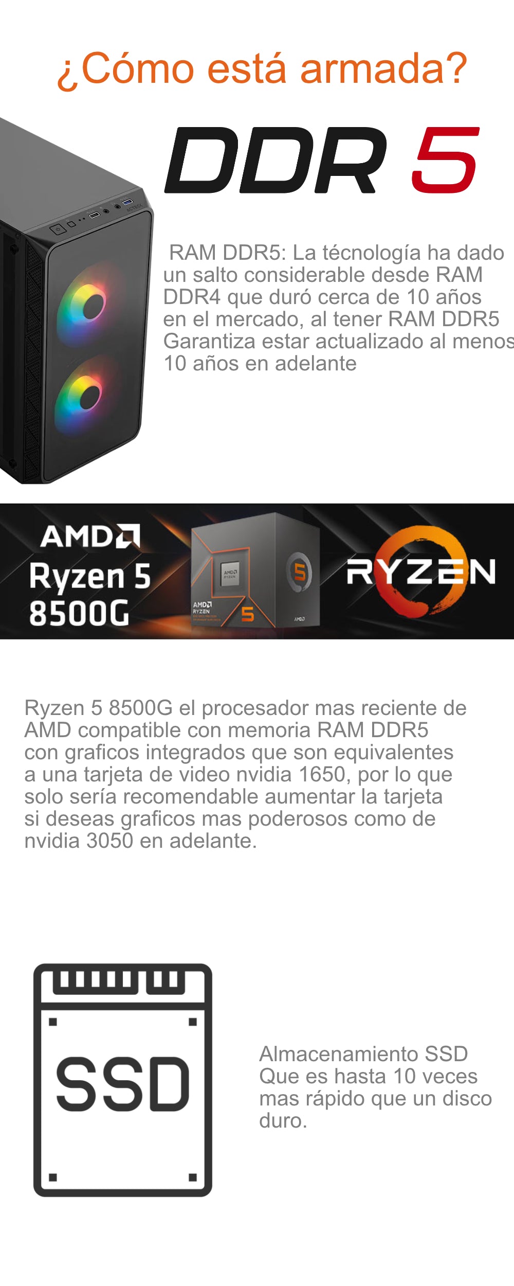 CPU GAMER RYZEN 5 8500G RAM 16GB M.2 512GB WIFI