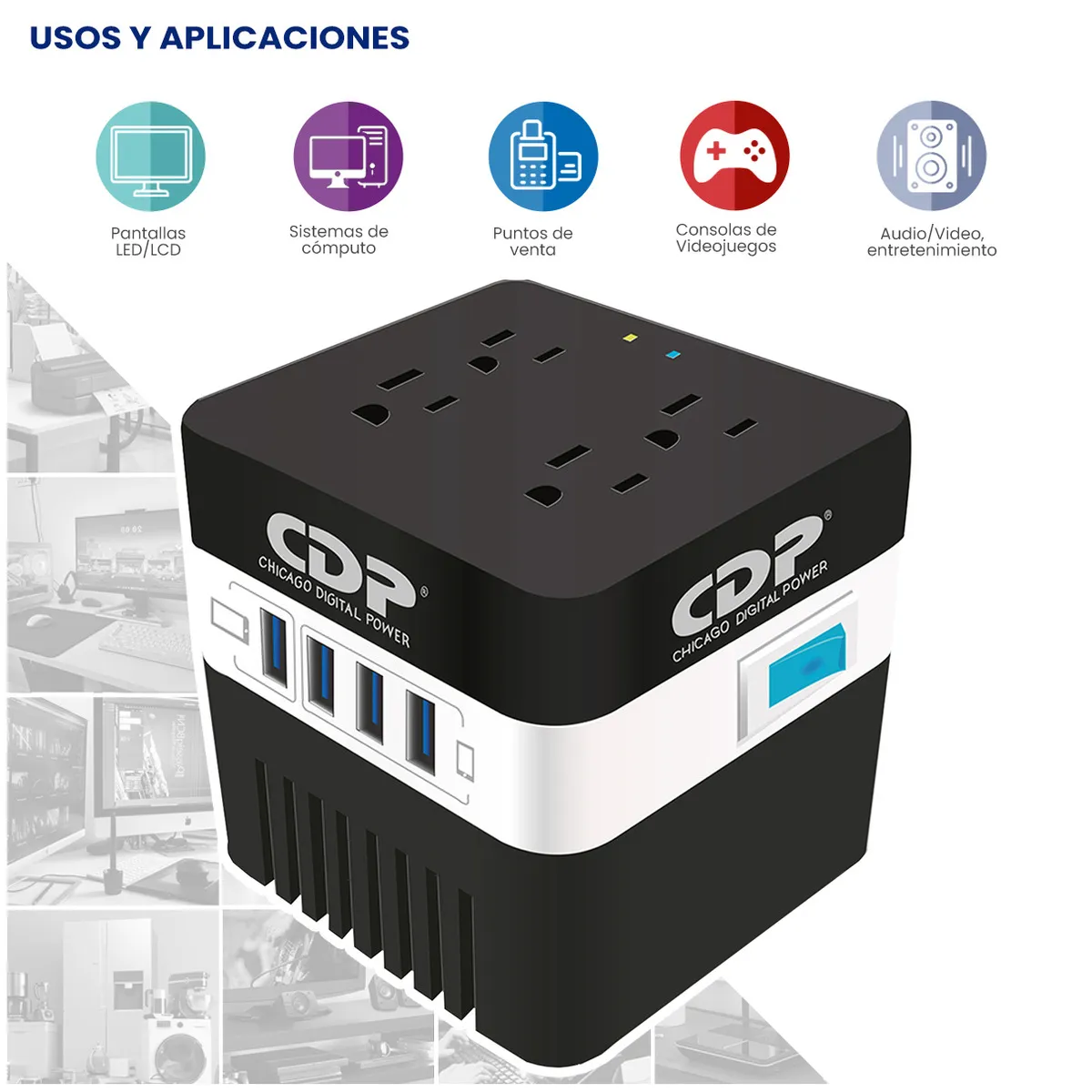 CDP RU-AVR604 Regulador 600VA / 300W, 4 Contactos, 4 Puertos USB, Supresión de Picos, Color Negro