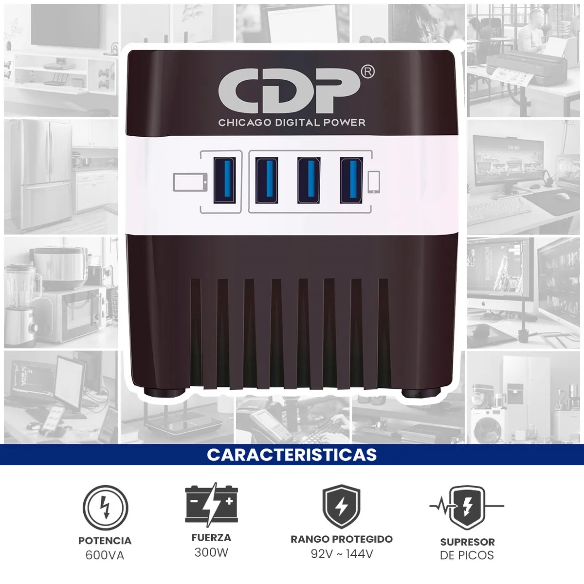 CDP RU-AVR604 Regulador 600VA / 300W, 4 Contactos, 4 Puertos USB, Supresión de Picos, Color Negro