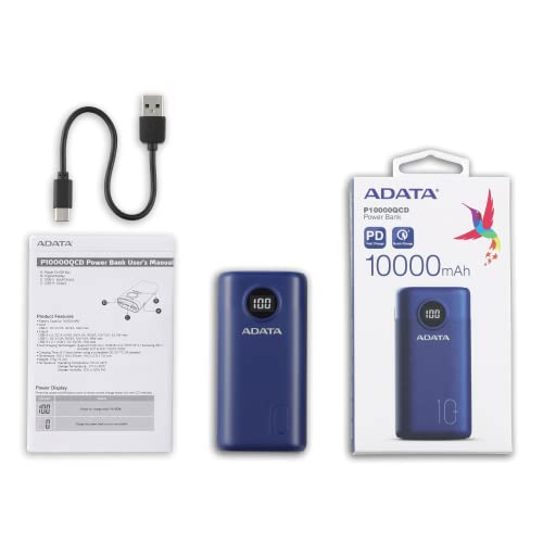 ADATA Powerbank Batería Portátil P10000QCD de Carga Rápida, de 10000 mAh con Pantalla Digital, Color Azul (Modelo AP10000QCD-DGT-CDB)
