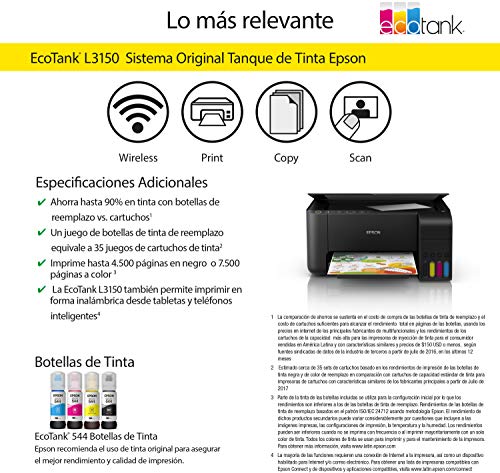 Impresora Epson Multifuncional Ecotank L3150, tanque de tinta a color con Wi-Fi Direct